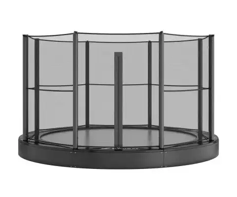12ft Round Akrobat Primus Flat In-Ground Trampoline - Black (Black Pad with Grey Jump Mat) 11 12 foot round all black in-ground trampoline with enclosure