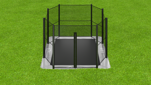 gray rectangular inground trampoline with enclosure