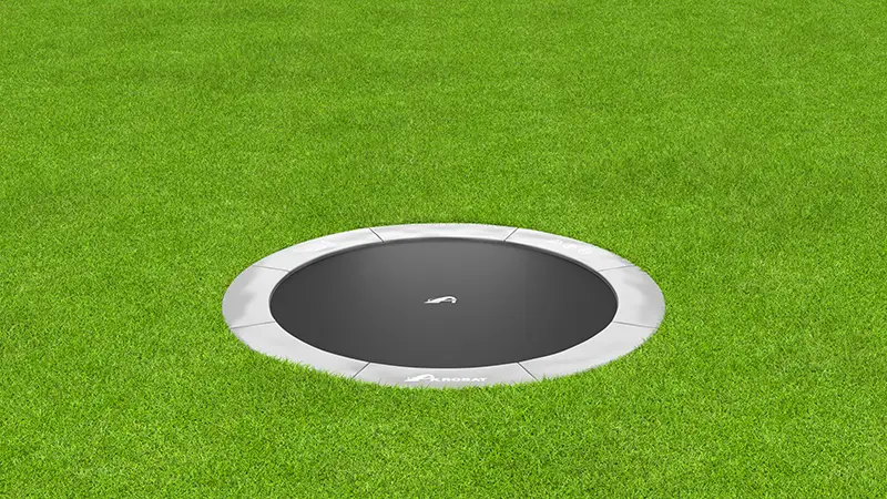 10ft Akrobat Primus Round In-Ground Trampoline - Anthracite Gray Pad with Black Jump Mat 1 gray round inground trampoline