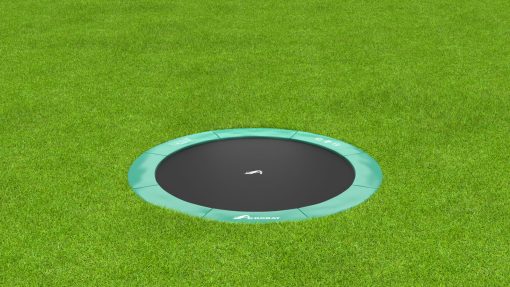 akrobat green round inground trampoline on grass