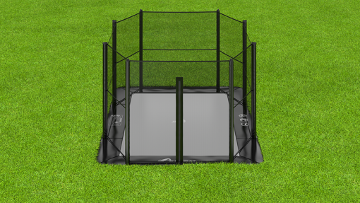 black rectangular inground trampoline with enclosure