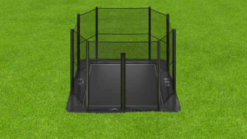 11 foot by 8 foot all black rectangular inground trampoline with enclosure