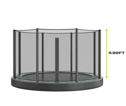 12ft Round Akrobat Primus Flat In-Ground Trampoline - Black (Black Pad with Grey Jump Mat) 13 A trampoline illustrated with precise measurements indicated, showcasing its dimensions for clarity.
