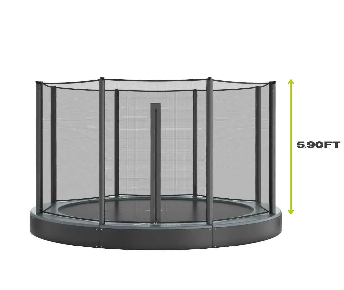 12ft Round Akrobat Primus Flat In-Ground Trampoline - Black (Black Pad with Grey Jump Mat) 7 A trampoline illustrated with precise measurements indicated, showcasing its dimensions for clarity.