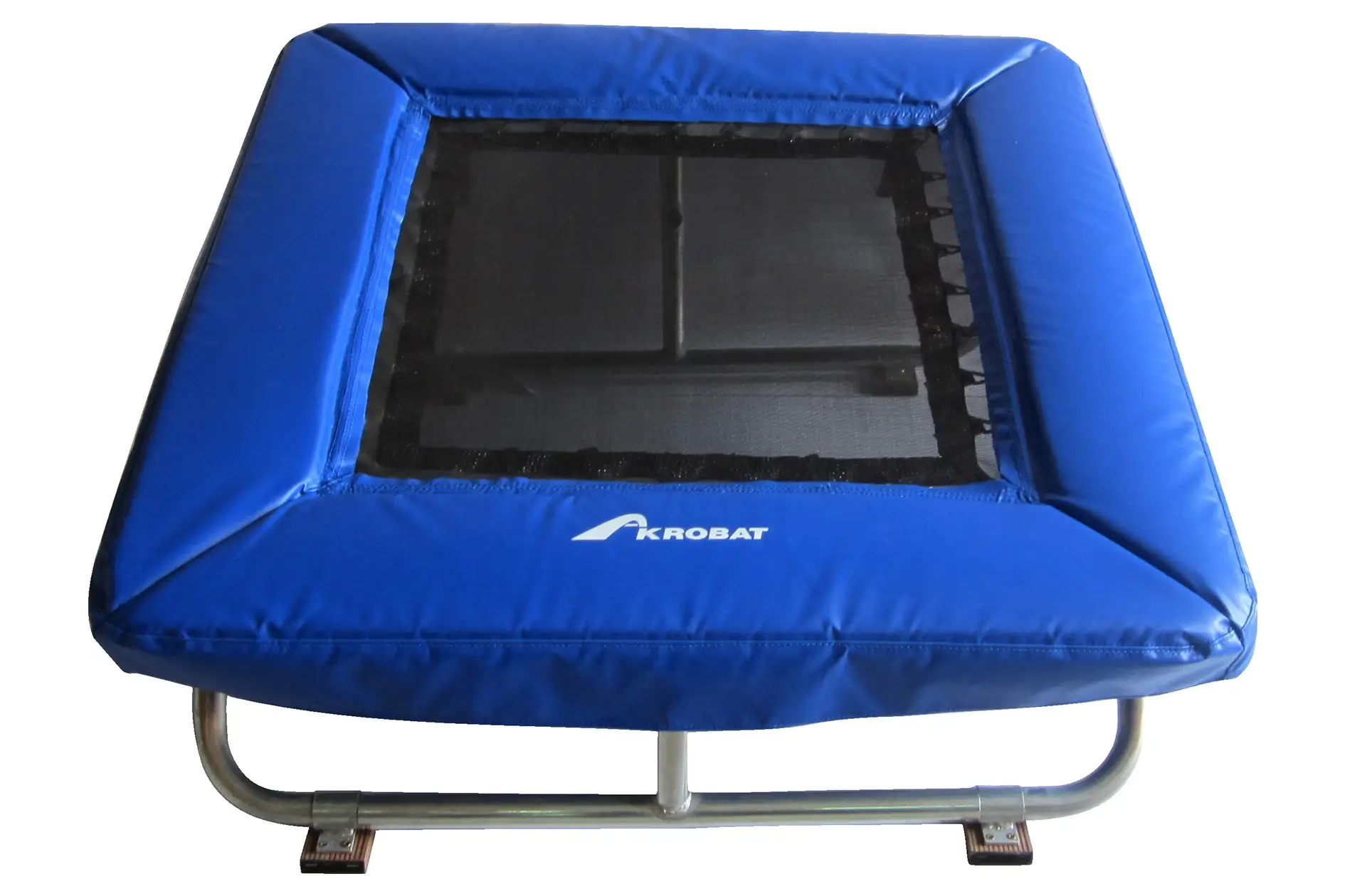 4ft x 4ft Akrobat Mini Gym Trampoline - Blue Pad with Black Mat 1 A blue trampoline featuring a black cover, positioned outdoors, highlighting its sturdy construction and playful appeal.
