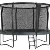 An outdoor trampoline featuring a protective net and a ladder for safe entry, surrounded by green grass.