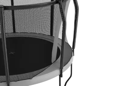 A trampoline featuring a safety net above and a stylish black cover, ideal for secure and enjoyable jumping experiences.