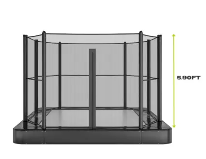 An image depicting a trampoline alongside a ladder, showcasing the trampoline's dimensions and structure.