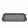 A black tablet set on a white background, showcasing its contemporary style and technological appeal.