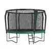 A trampoline with a safety net and ladder, set against a clean white background, showcasing its design and features.