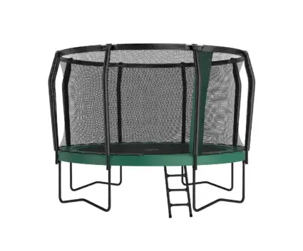 A trampoline with a safety net and ladder, set against a clean white background, showcasing its design and features.