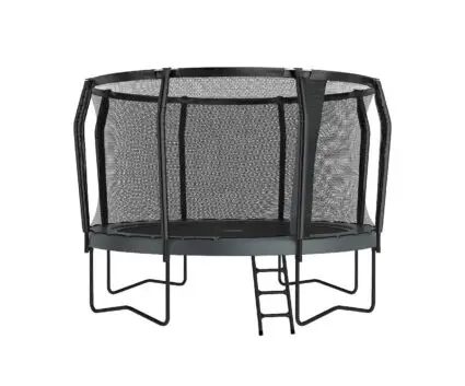 A trampoline with a safety net and a ladder positioned on top, designed for secure and enjoyable jumping experiences.