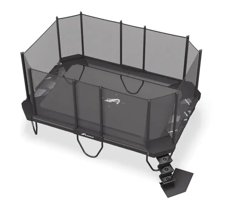 A trampoline equipped with a safety net above, ensuring secure and enjoyable bouncing experiences.
