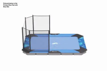 A blue trampoline with a protective net overhead, set against a clear sky, inviting for safe jumping and play.