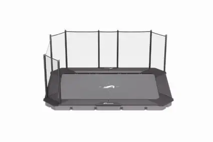 17ft x 12ft XCITYX In-Ground Trampoline Corner Enclosure 5 A trampoline featuring a protective net overhead, designed for safe jumping and play.