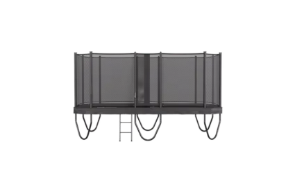 A black and white image showcasing a trampoline, highlighting its circular shape and sturdy frame against a simple background.