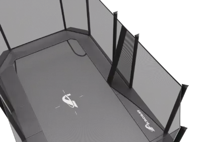 A black trampoline featuring a prominent white logo, showcasing its sleek design and modern aesthetic.