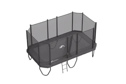 A black trampoline is prominently displayed against a neutral background, showcasing its sleek design and sturdy frame.