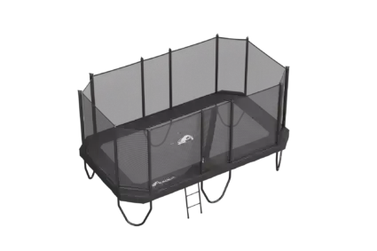 The image features a black trampoline, highlighting its modern appearance and robust construction in a clear setting.