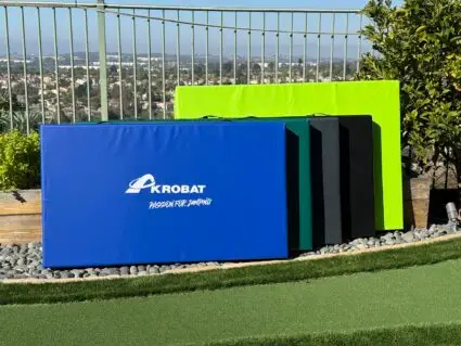 A large blue and green golf bag rests on a vibrant green lawn, showcasing its colors against the natural backdrop.