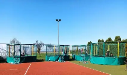 Alternative view of 14ft Gallus PLUS Akrobat Above Ground Public Use Trampoline - Green and Yellow